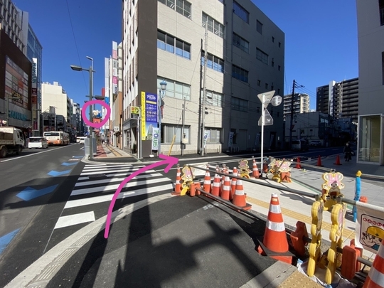 ペンギンマークの黄緑の看板を目印に右折する角